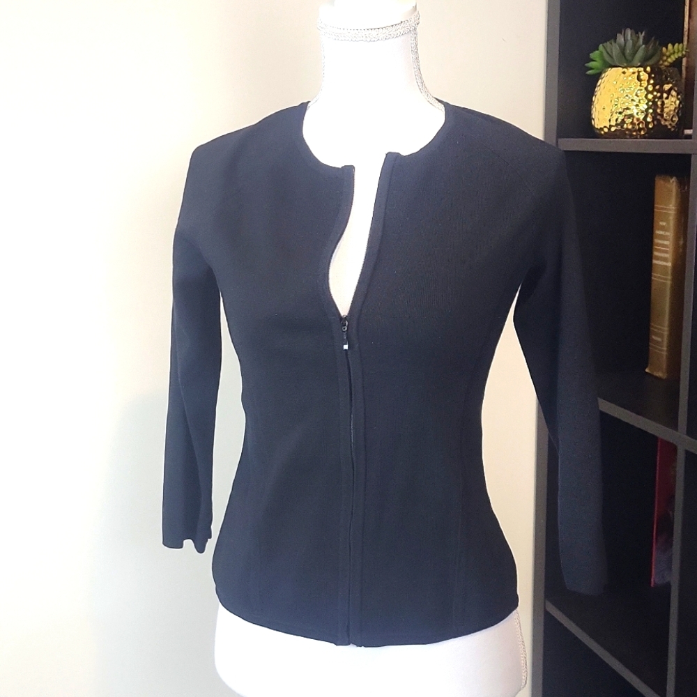 GEOFFREY BEENE SPORT Black Silk Cotton Stretch Ribbed Design Zippered Cardigan
